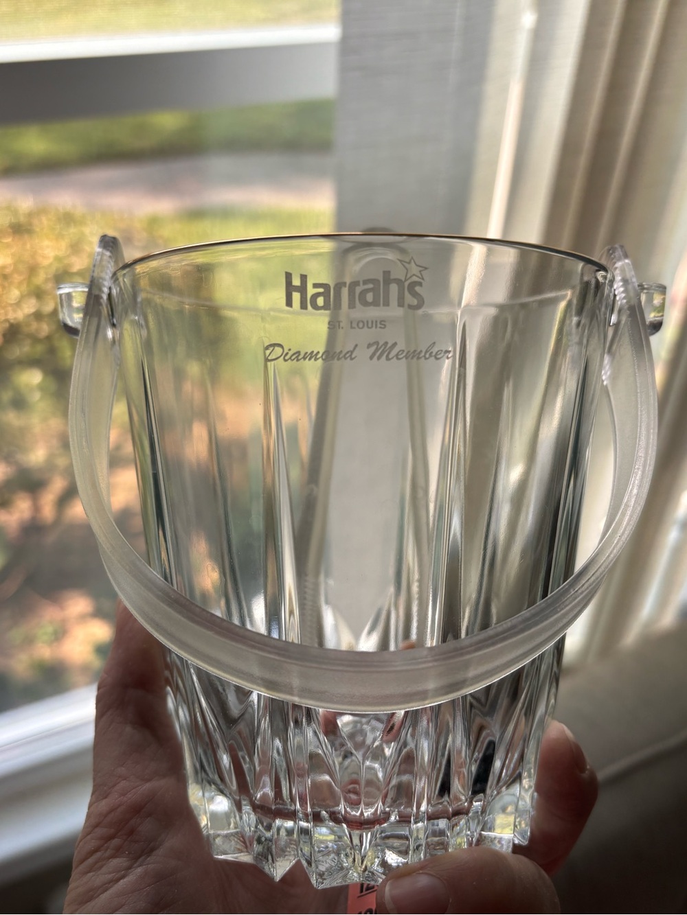 Glass Ice cube container with gold rim for cocktail hour - plus plastic tongs